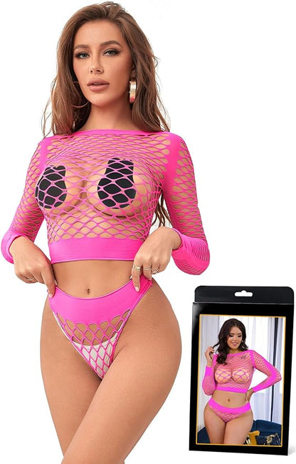 Sexy Lingerie Women's Sexy Chubby Erotic Fishnet Underwear Top Transparent Long Sleeve