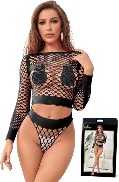 Sexy Lingerie Women's Sexy Chubby Erotic Fishnet Underwear Top Transparent Long Sleeve