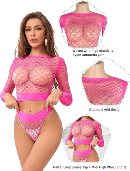 Sexy Lingerie Women's Sexy Chubby Erotic Fishnet Underwear Top Transparent Long Sleeve