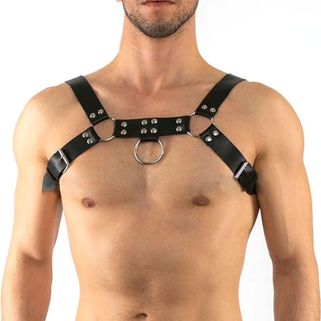 Men's Chest Bulldog Harness Black Leather 4 Strap Reversible For Male Bondage Kit