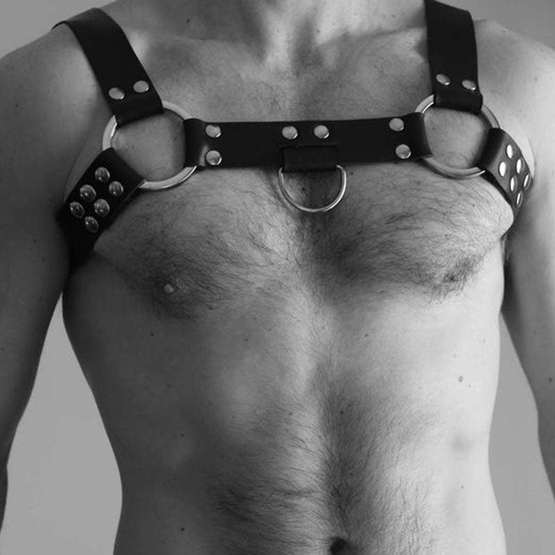 Men's Chest Bulldog Harness Black Leather 4 Strap Reversible For Male Bondage Kit